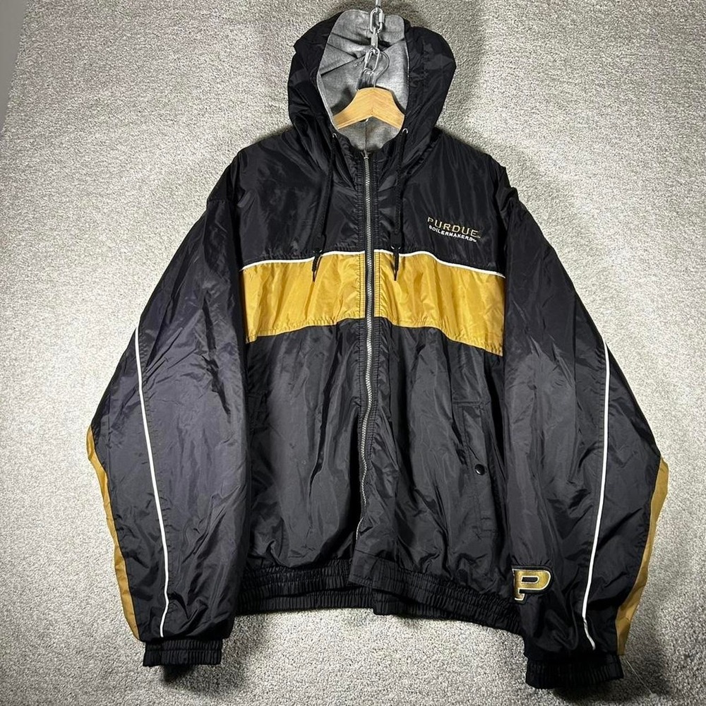 Vintage 90s Purdue University black and gold embroidered hooded windbreaker XL